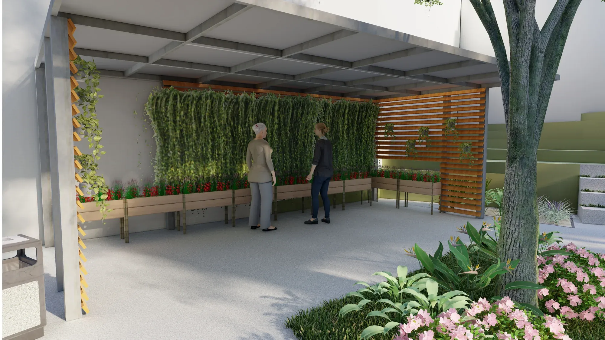 Render pérgola con jardines verticales y bancas