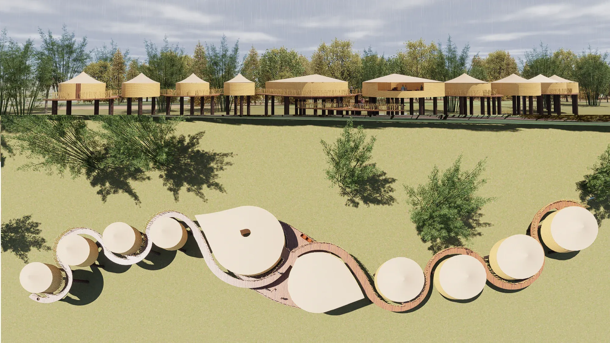 Render panorámico de las estructuras sobre palafitos